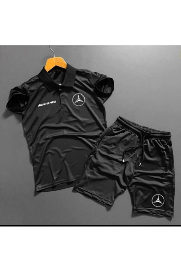 Black Polo Neck Amg Printed Short Sleeve Tracksuit Set