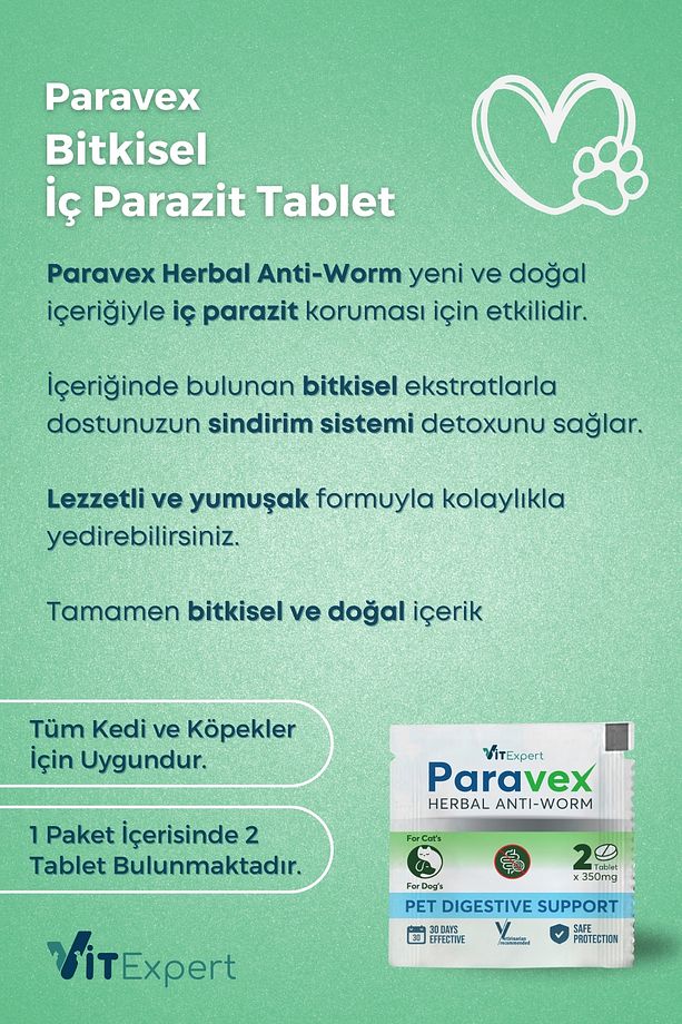 Bitkisel & Lezzetli Kedi Ve Köpek Parazit Tableti Paravex Herbal Anti-worm 4 Adet Tablet - 2