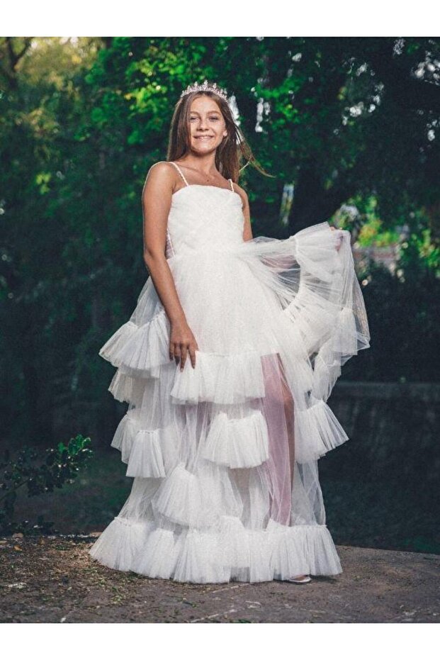 Girl's Piece Floor Detailed Tulle Design Evening Dress
