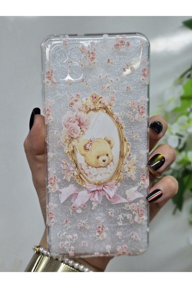 Transparent Phone Case with Cute Teddy Bear and Flower Pattern Compatible with Samsung Galaxy A12 / M12