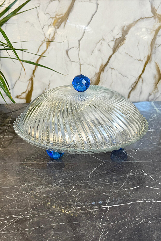 Blue Crystal Footed Cake Jar Plate & Glass Cake Pastry Food Presentation