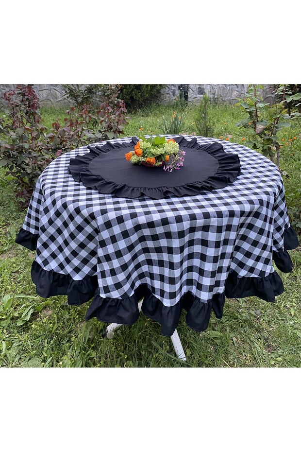 مفرش طاولة مستدير منقوش من القماش القطني المكشكش - 2