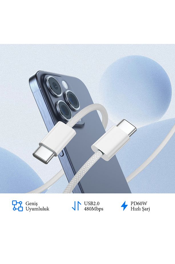 Type C to Type C 60Watt Android Huawei Samsung İphone Hızlı Şarj Kablosu Beyaz 1 Metre - 2