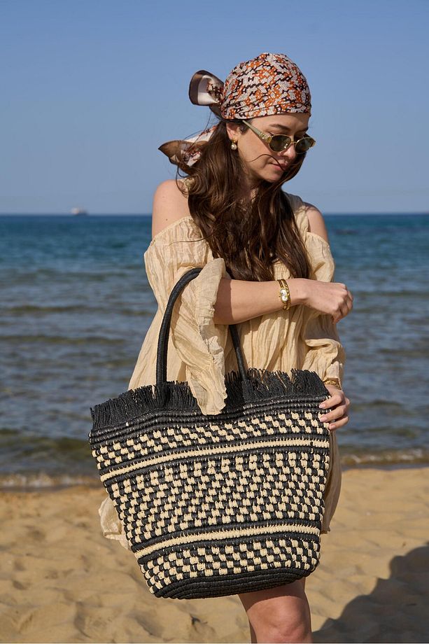 Oversize Dama Desenli Hasır Çanta Siyah - 4