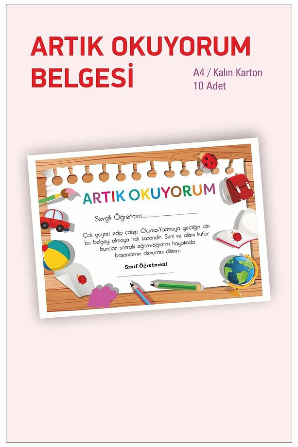 10 Adet Artık Okuyorum Belgesi - A4 Boy - Kalın Kart -karne Hediyesi - Yüksek Kalite Baskı 1.hamur - 2