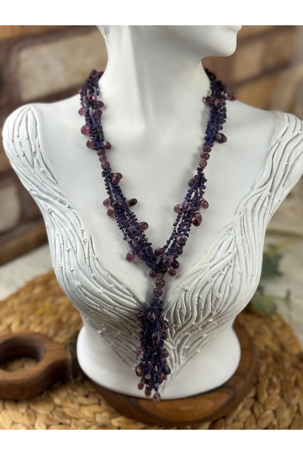 Taşlı el örmesi kolye - 3