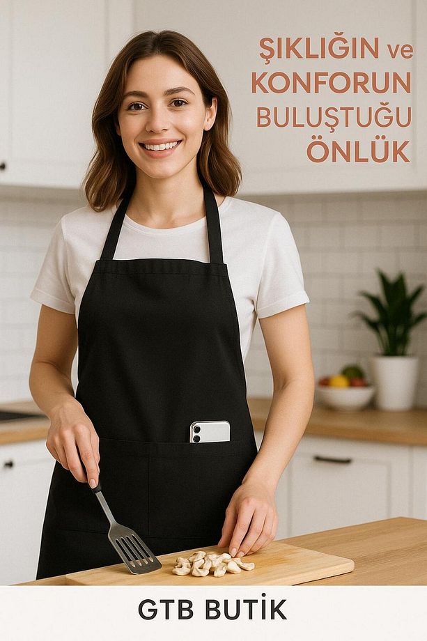 Siyah Mutfak Önlüğü Şef Garson Kafe Aşçı Barista Siyah Önlük Mutfak Önlüğü Masterchef Unisex - 2