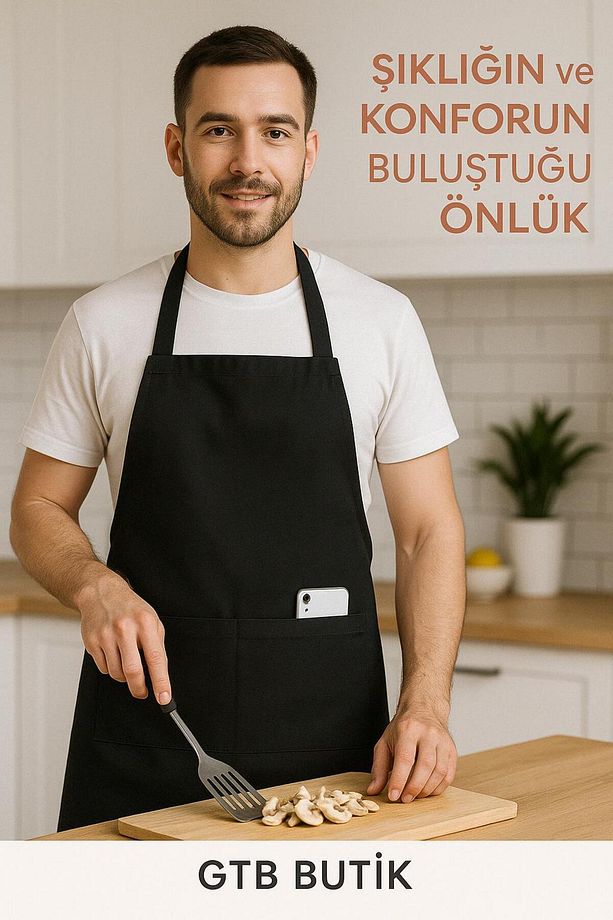 Siyah Mutfak Önlüğü Şef Garson Kafe Aşçı Barista Siyah Önlük Mutfak Önlüğü Masterchef Unisex - 1