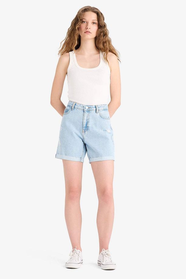 Boyfriend Yüksek Bel Yıkamalı Duble Paça Jean Şort E0934AX25SM - 3
