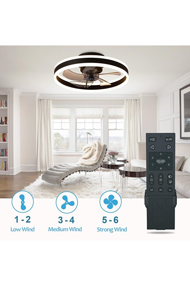 Ceiling Fan with Light, Oscillating Fan, 6 Speeds Adjustable, Flush Mount Ceiling Fan 50 * 22CM - 2