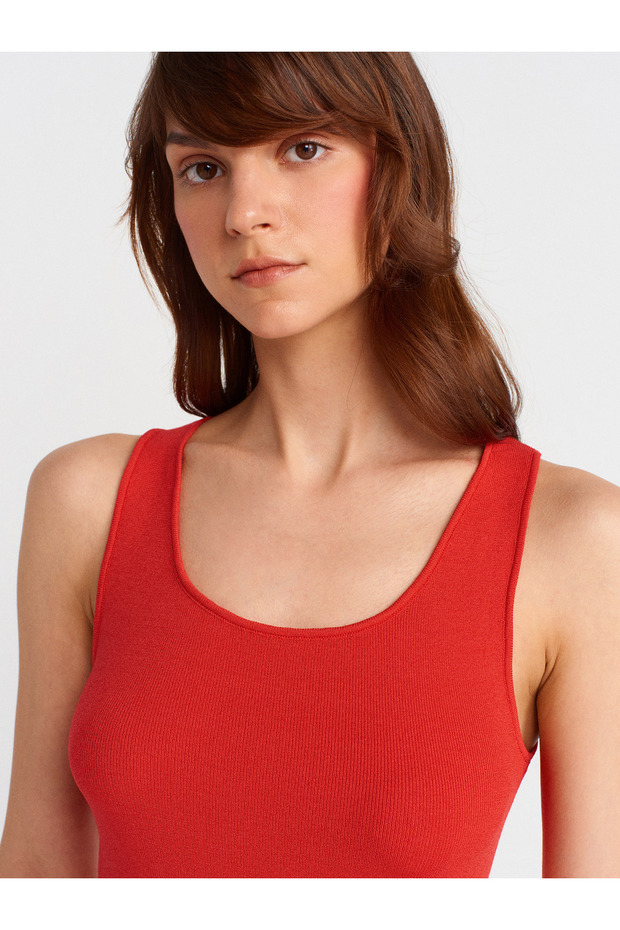 10746 Kalın Askılı Basic Triko Bluz-Kırmızı - 3