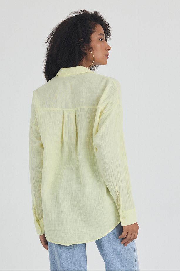 Kadın Sarı Oversize Basic Pamuk Gömlek - 7