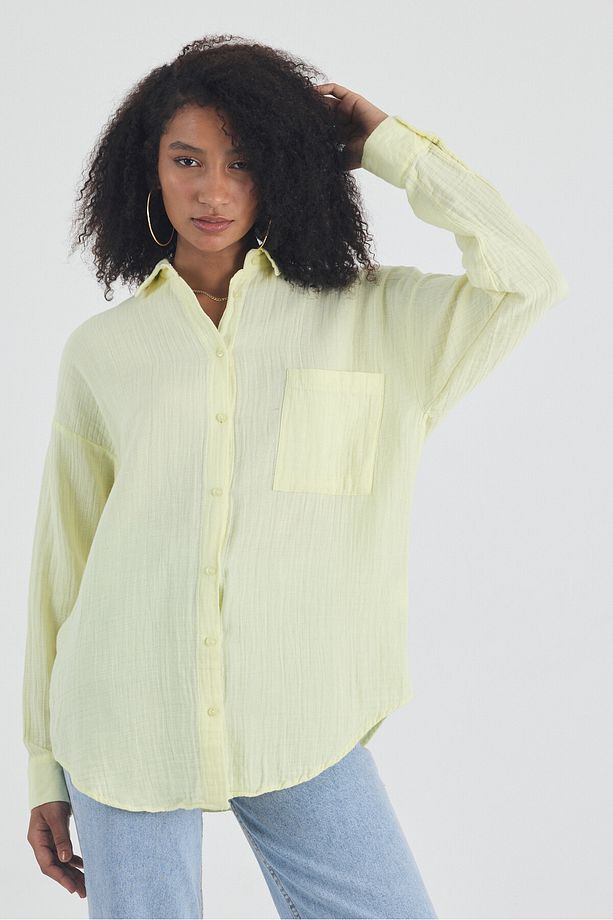 Kadın Sarı Oversize Basic Pamuk Gömlek - 4
