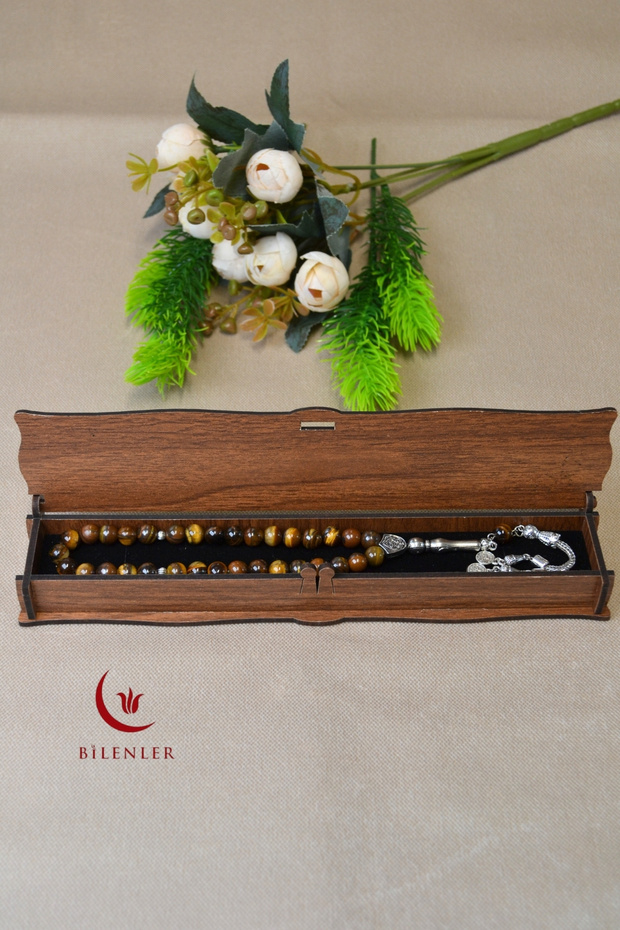 33-Piece Men's Prayer Beads with Tiger Eye Stone - Energy Stone, Wooden Box