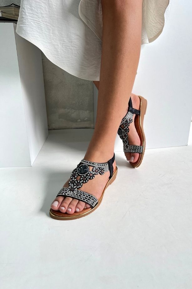 Siyah Taşlı Dolgu Topuk Kadın Sandalet Ew7054 - 6
