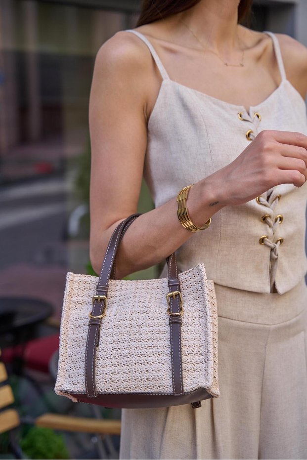 Cream Brown Women's Straw Detailed Buckle Hand and Shoulder Bag