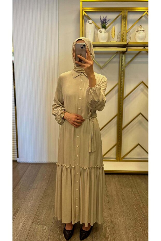 ÇİÇEK NAKIŞLI CUPRA ELBİSE - 1