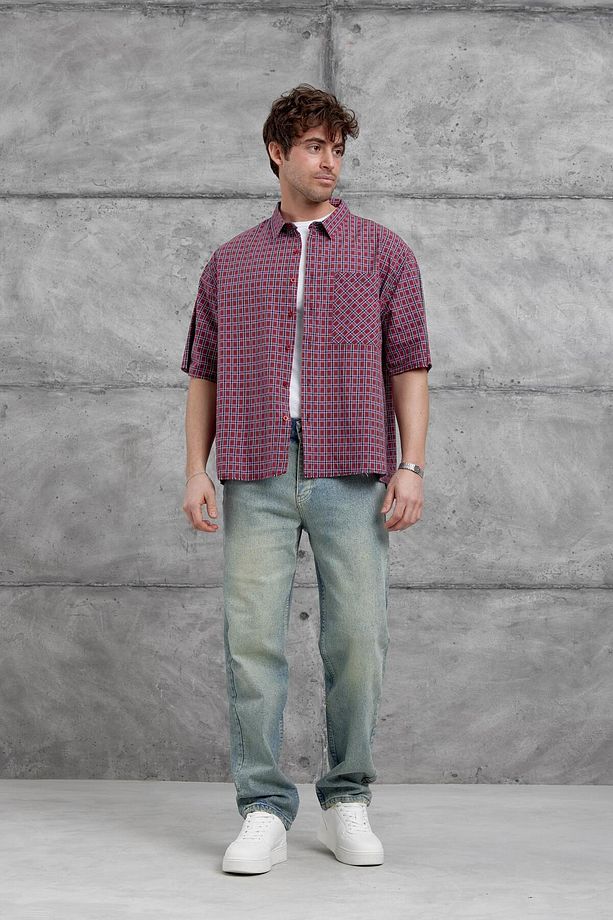 Mavi Kareli Kısa Kol Oversize Gömlek - 3