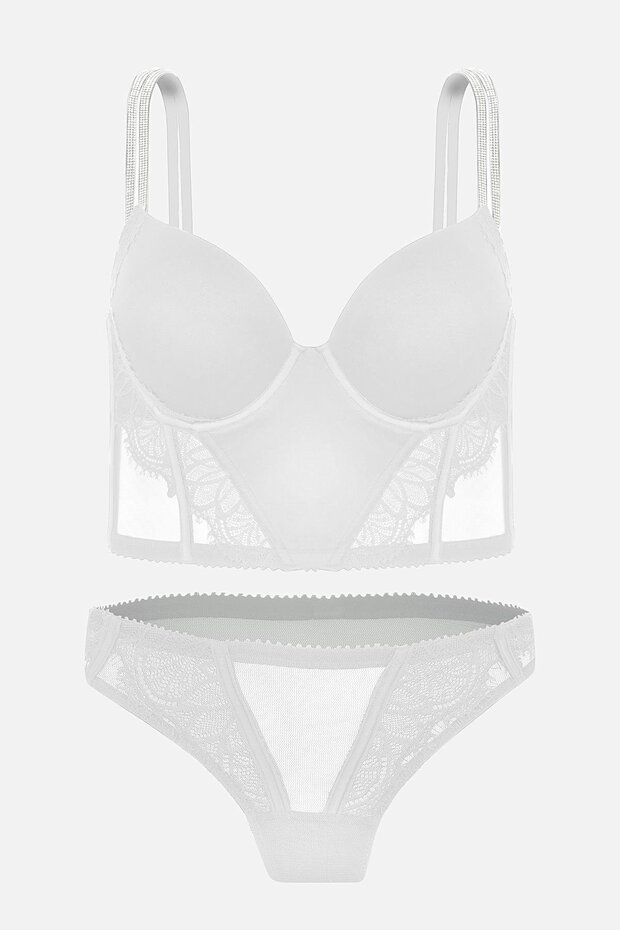Lirio Shiny Stone Detailed Micro Bustier Panty Set - Padded - Lacy -2716- Ecru