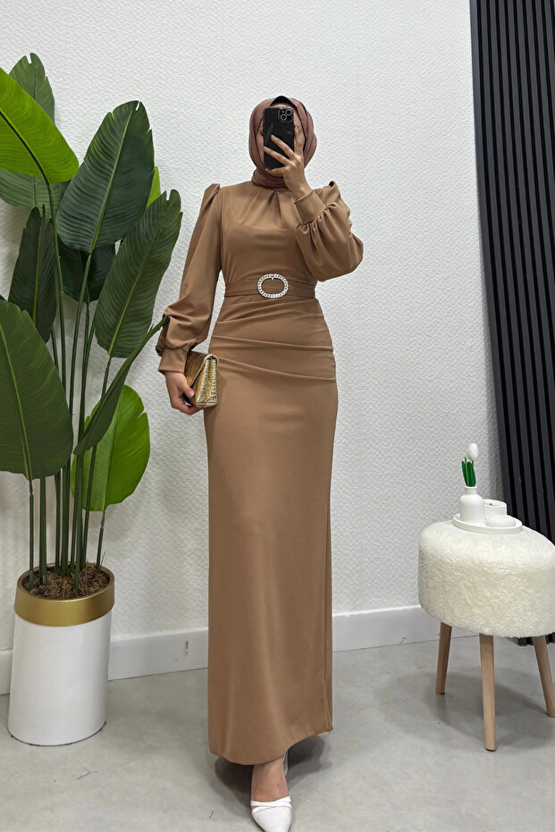 Scuba Seçil Detailed Hijab Latte Dress