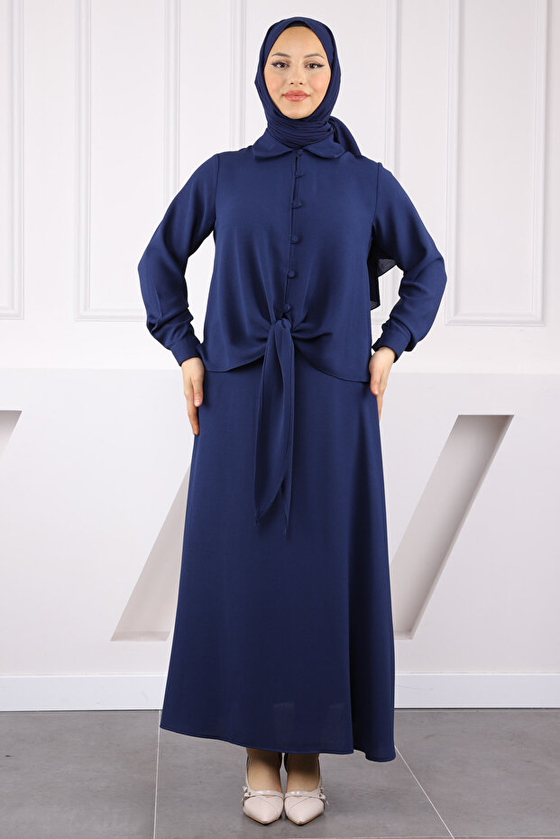 Navy Blue Front Tie Shirt Skirt Suit