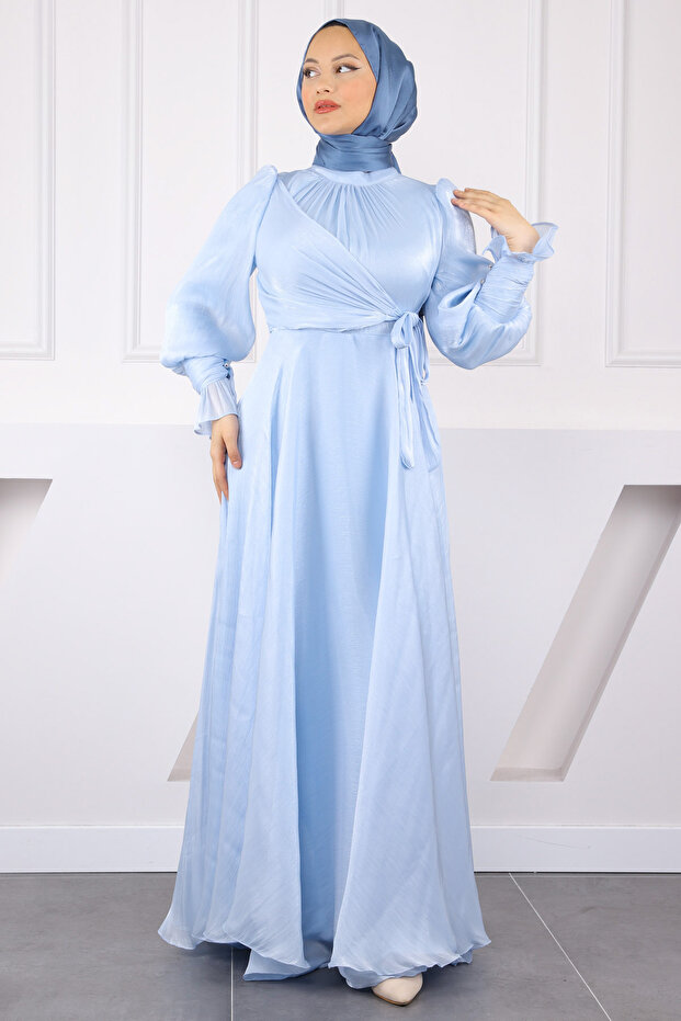 Baby Blue Side Tie Sleeve Detailed Evening Dress