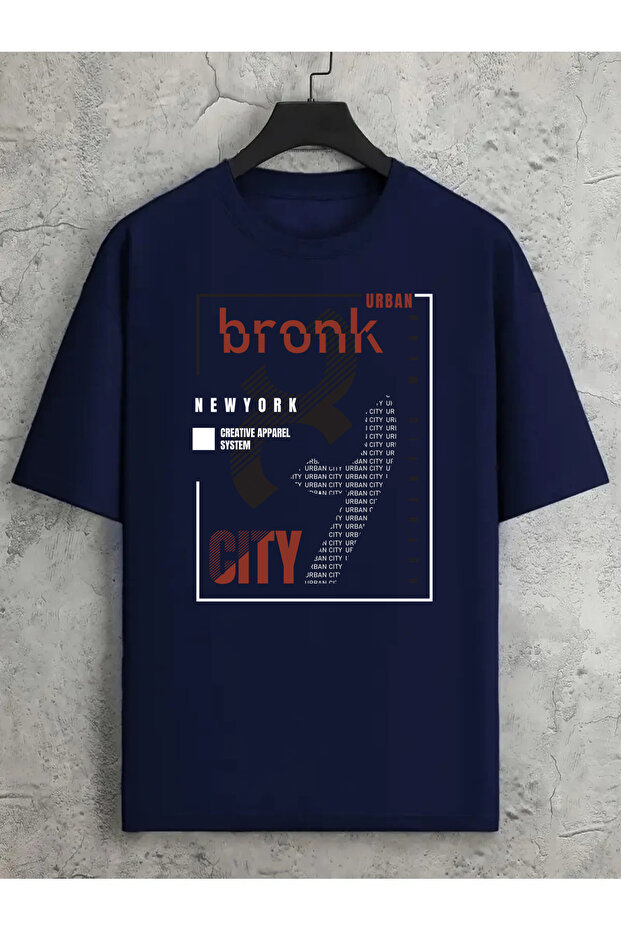 Unisex Bronk City Printed Relaxed Fit Navy Blue T-Shirt
