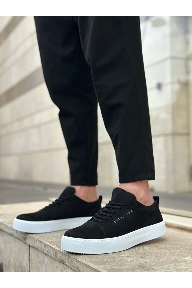 Lace-Up Men's Sneakers Black Suede (White Sole)