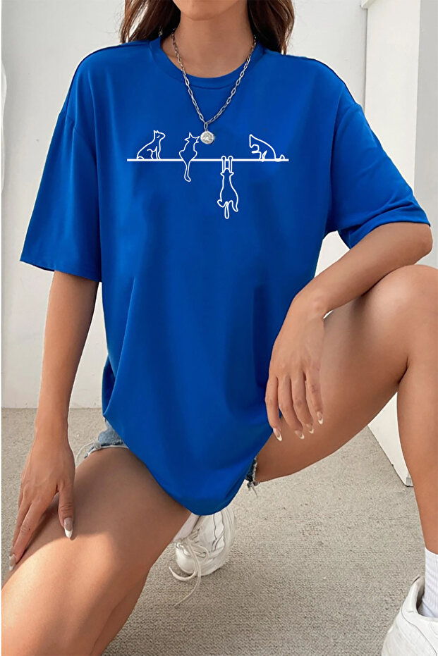 Unisex Cats on a Rope Themed Printed Relaxed Fit Sax-Blue T-Shirt