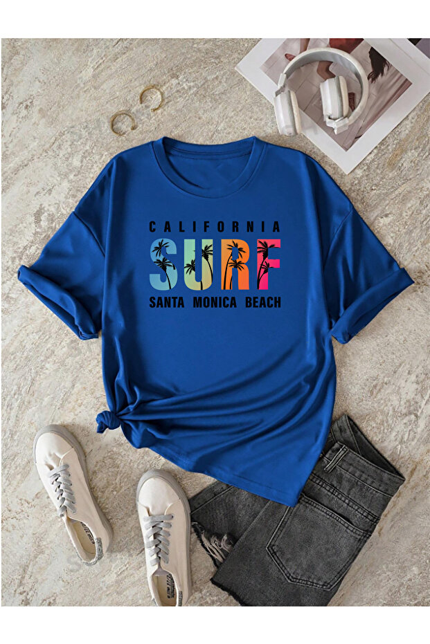Unisex Surf Printed Relaxed Fit Sax-Blue T-Shirt