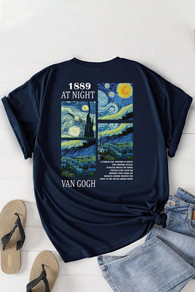 Unisex 1889 Vangogh Printed Relaxed Cut Navy Blue T-Shirt