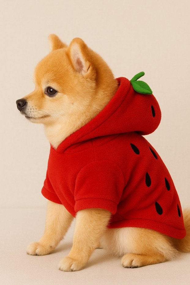 Cat Dog Strawberry Patterned Fleece Sweat | Hooded Hoodie