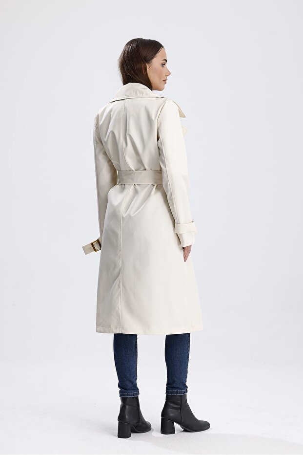 Ekru Klasik Kuşaklı Astarlı Trençkot - 4
