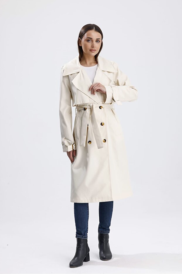 Ekru Klasik Kuşaklı Astarlı Trençkot - 1