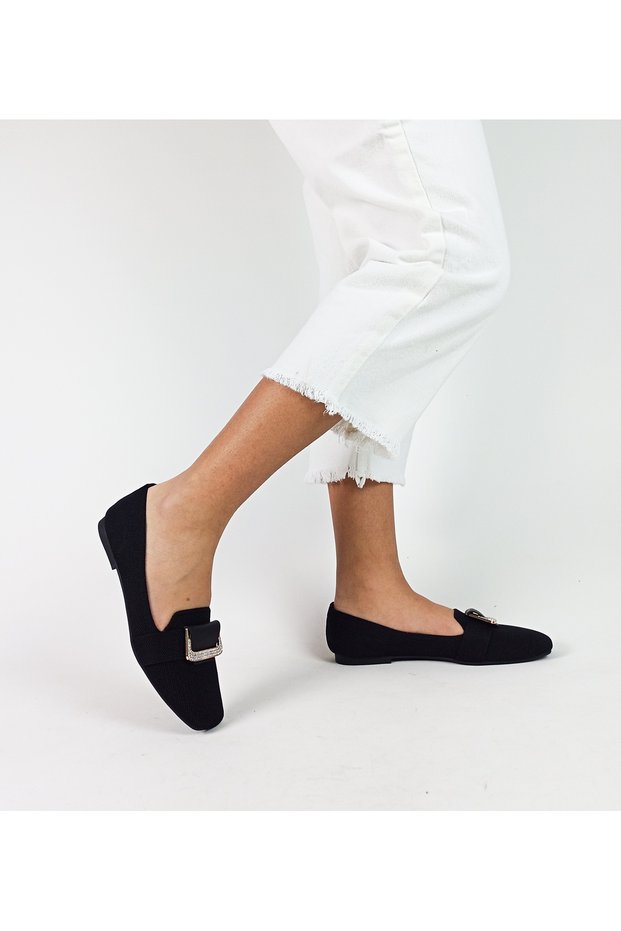 Black Color Knitwear Material Low Heel Buckle 36-37-38-39-40 Size Women's Ballerina Shoes