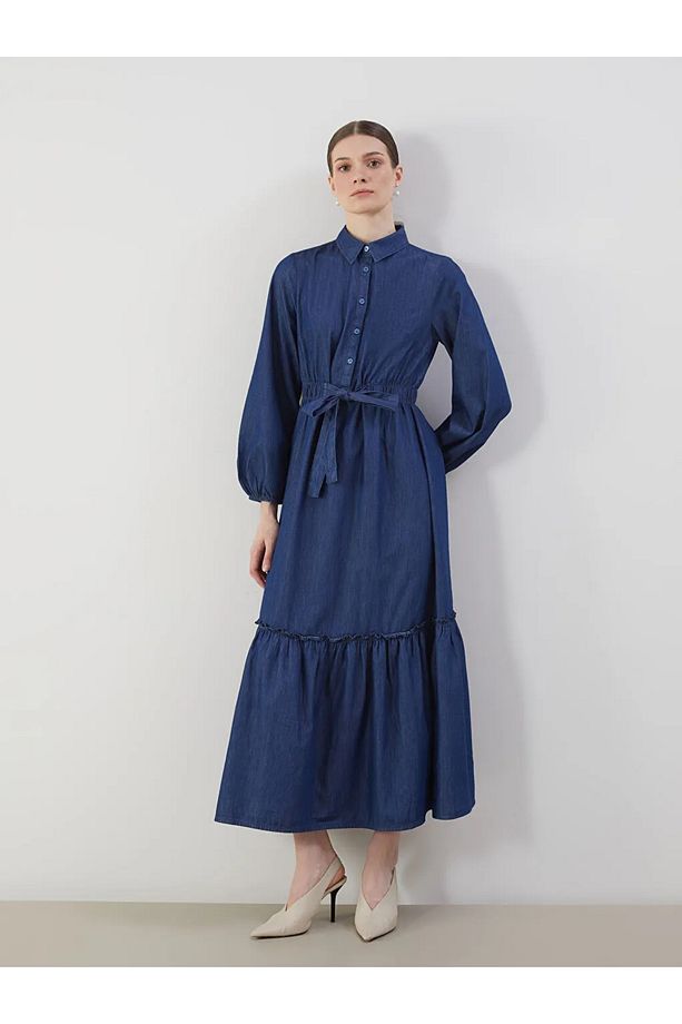 LCW Modest Indigo Gömlek Yaka Kadın Jean Elbise - 1