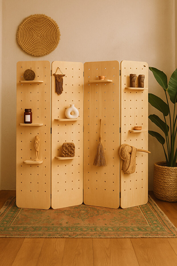 Huş Ağacı 4 Kanatlı Katlanabilir Çok Amaçlı Ahşap Paravan - 1