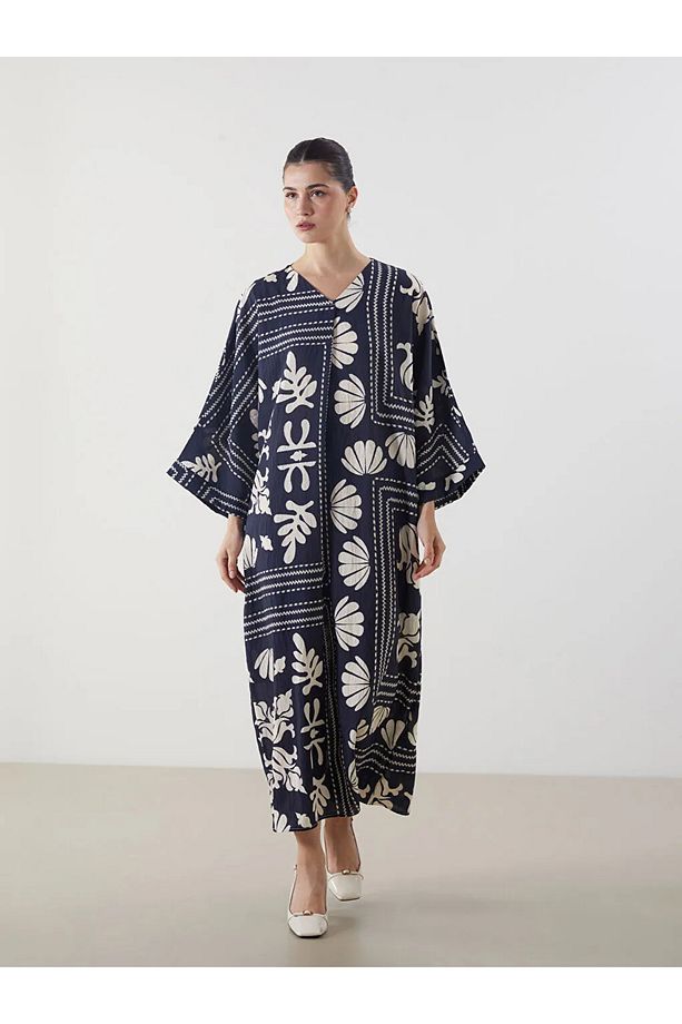 LCW Modest Mavi V Yaka Desenli Oversize Elbise - 1
