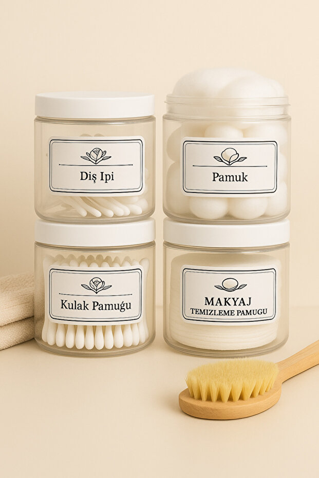 Transparent Glass Look Plastic 4-Piece Mica Jar Set with White Lid, Dental Floss-Ear Cotton-Makeup Removal.