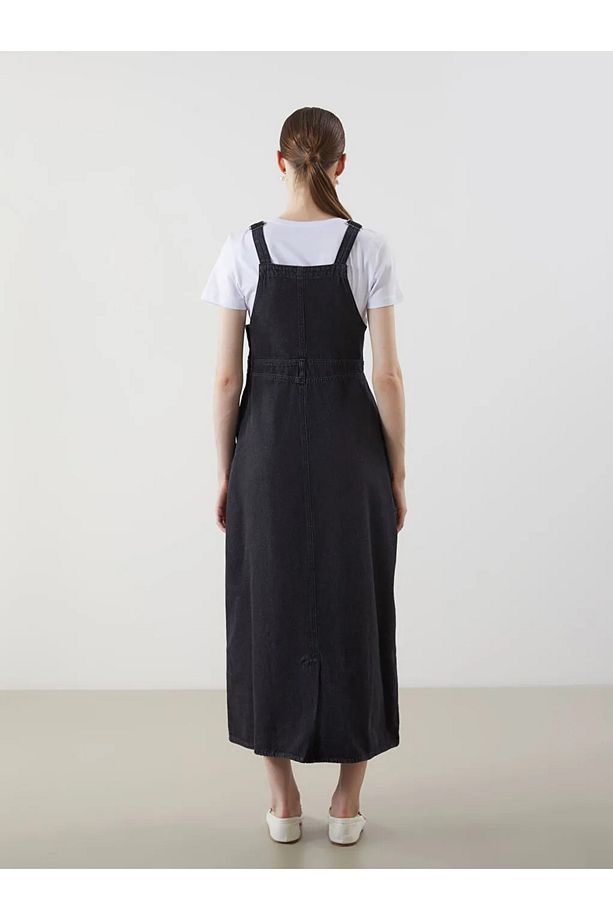 LCW Modest Siyah Kare Yaka Baskılı Askılı Kadın Jean Salopet Elbise - 4