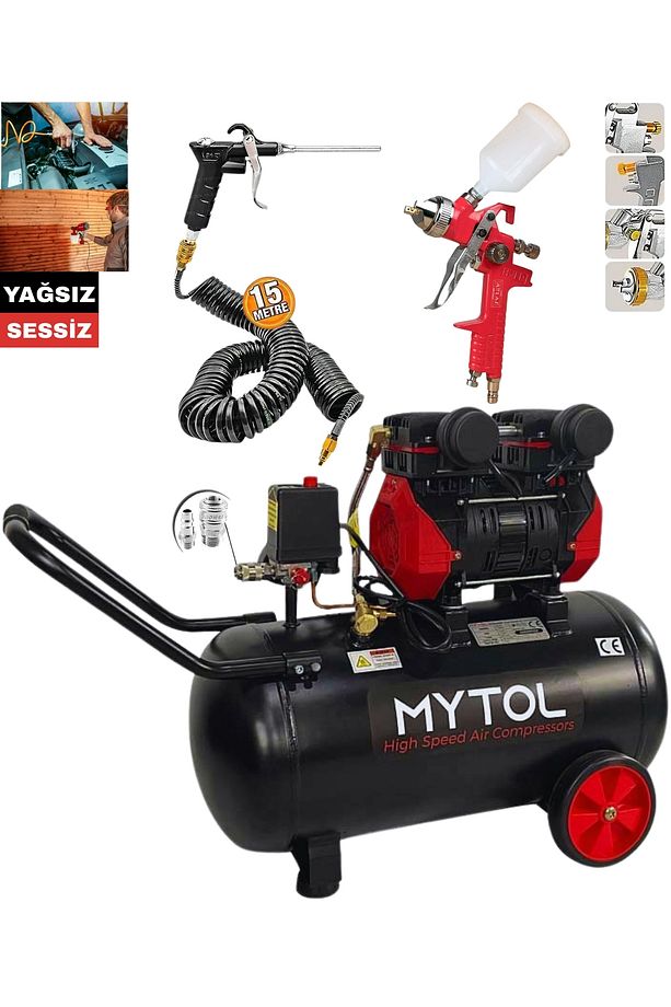 50 Litre Yağsız Sessiz Hava Kompresörü Kaliteli Üstten Depolu 15 Metre Hortum - 1