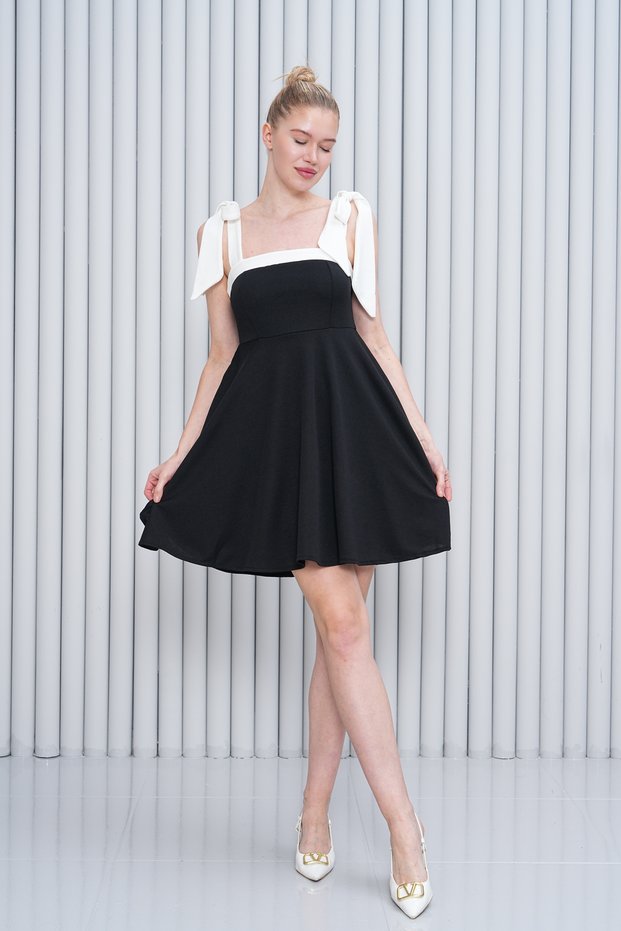 Stripe Detail Strapless Tie-Back Design Black Flared Mini Evening Dress