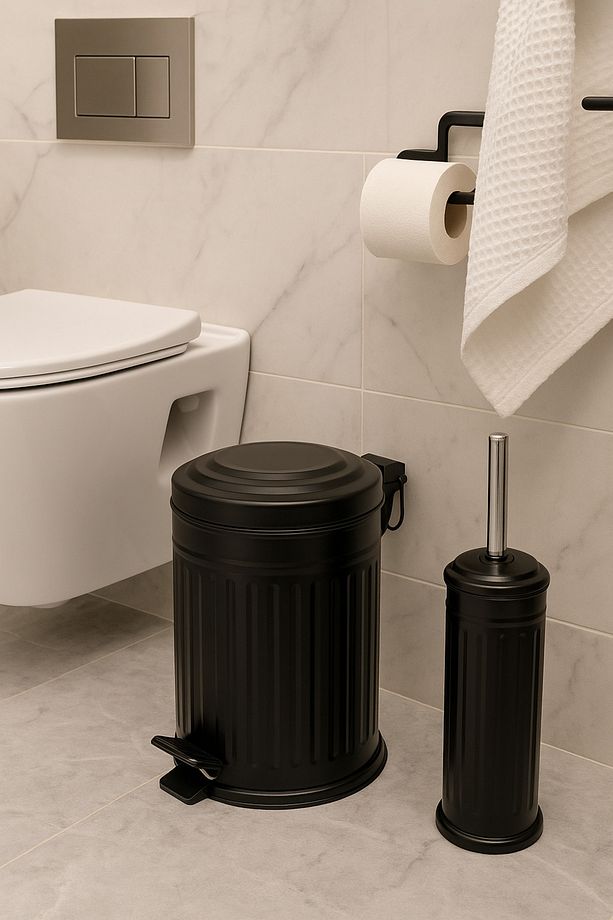 Defne 2 Li Çöp Kovası Çöp Kutusu Banyo Seti Çizgili Model Siyah 5 Litre Ve Wc Fırçası Seti - 1