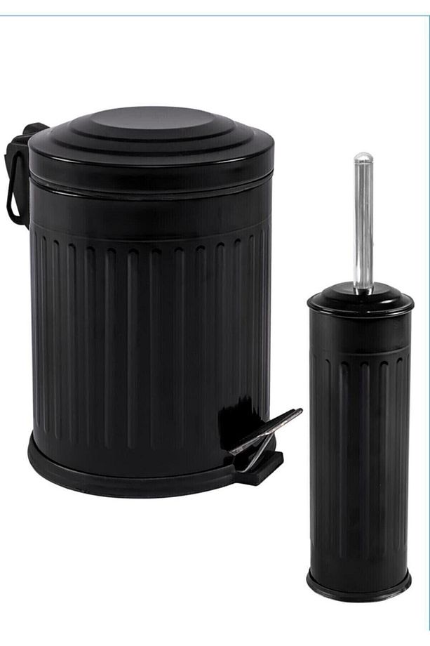 Defne 2 Li Çöp Kovası Çöp Kutusu Banyo Seti Çizgili Model Siyah 5 Litre Ve Wc Fırçası Seti - 2