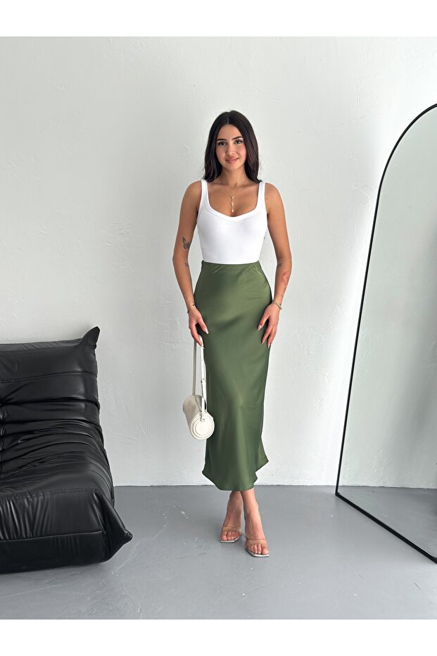 Kadın Basic Uzun Saten Etek - 5