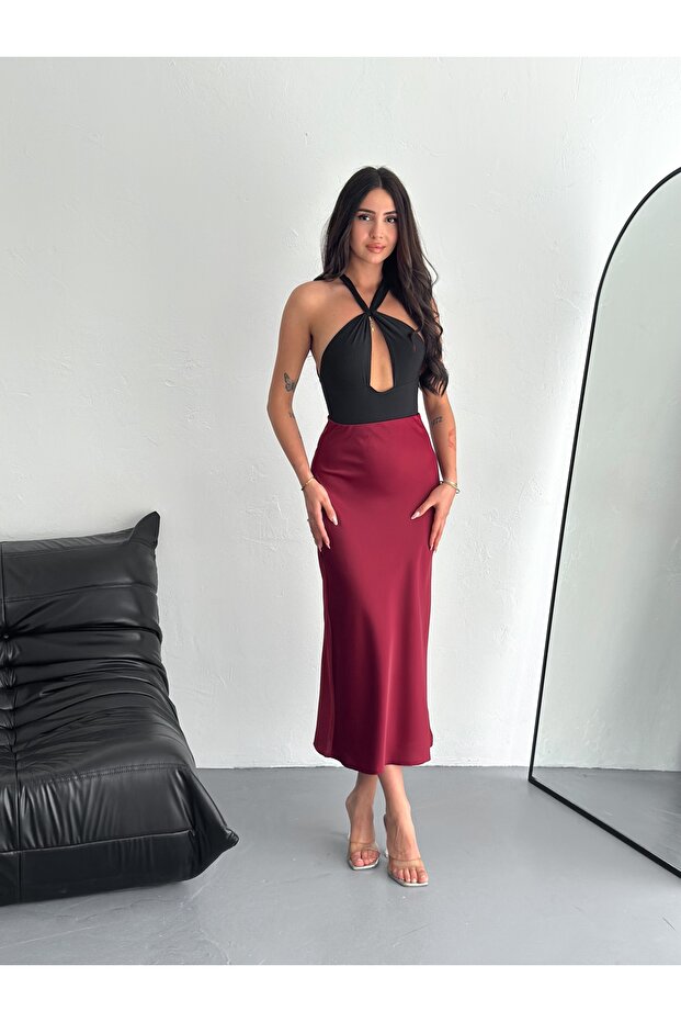 Kadın Basic Uzun Saten Etek - 1