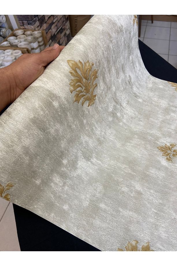Tutkal Hediye Gri Gold Damask Kabartmalı Kumaş Dokulu Ithal Duvar Kağıdı - 2