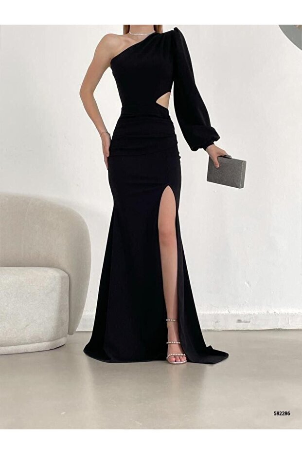 Tek Kol Derin Yırtmaçlı Krep Gece Elbisesi Siyah Abiye - 1