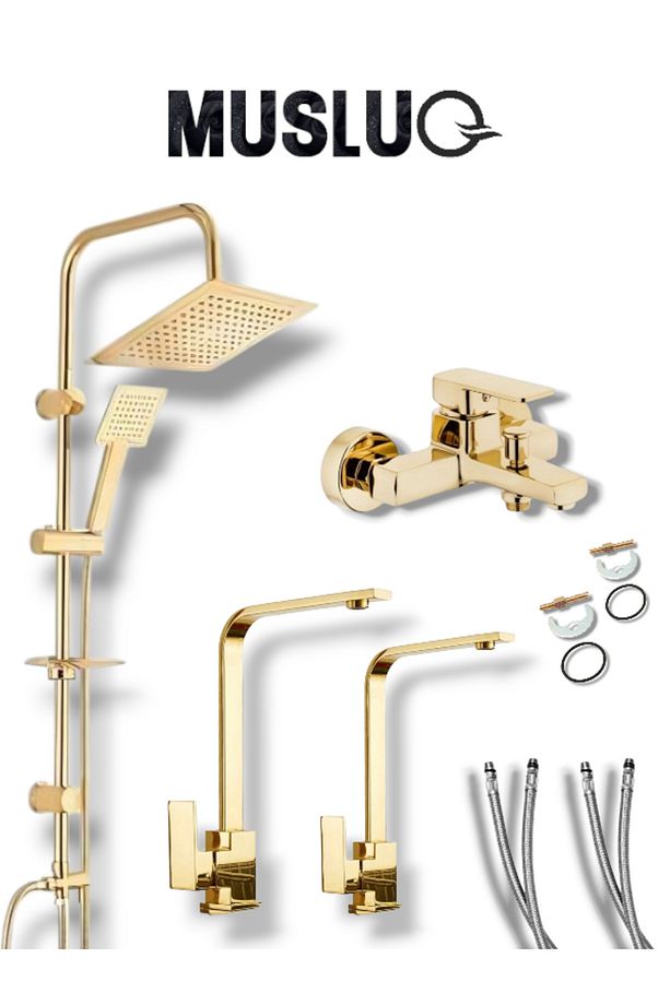 Lüx 4'lü Gold Renk Kaplamalı Kare Banyo ve Mutfak Batarya Musluk Seti ve Robot Duş - 1