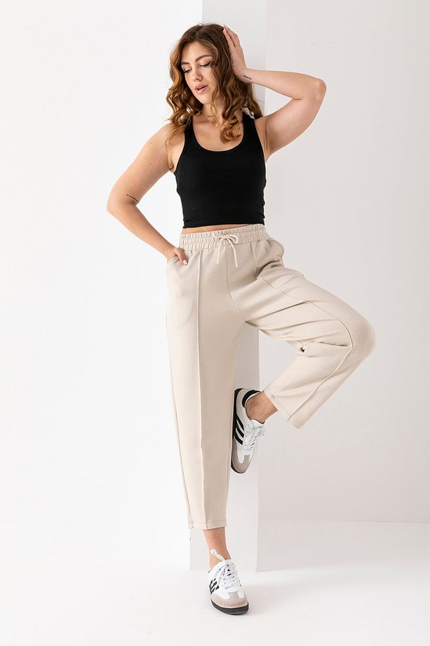 Kadın Bej Modal Balon Model Likralı Bej Pantolon Yumuşak Doku Beli Lastikli Çımalı Bilek Pantolon - 2